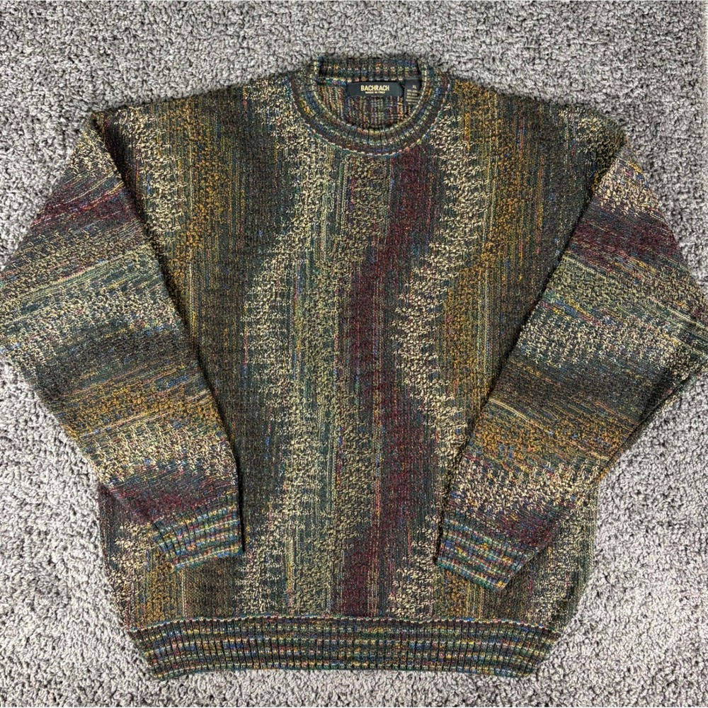 Bachrach Mens XL Made in Italy Multi Color Textured Knit Wool Blend Sweater